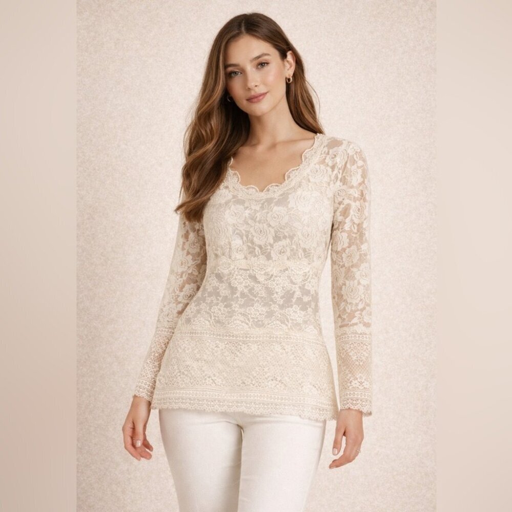 Ilse Jacobsen Y2K Cream Lace Top Size M Romantic Floral Sheer Ethereal Indie